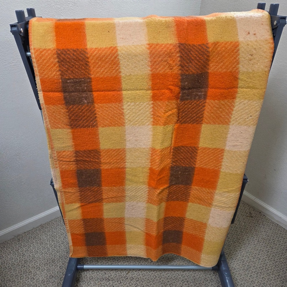 Vintage 70s Plaid Wool Blanket Orange Yellow Brown Checkered Retro MCM 62x68